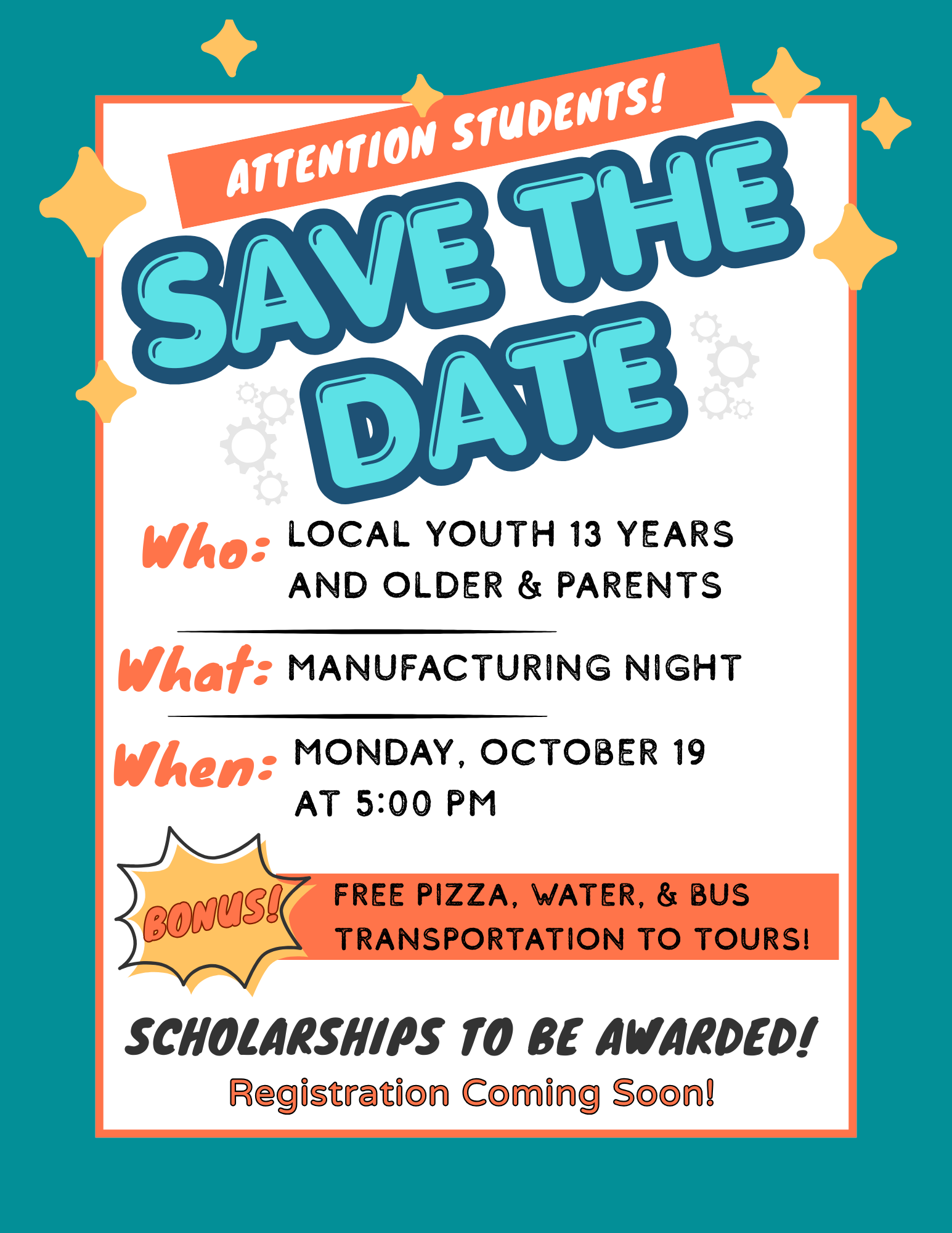Flyer showing the Save the Date for October 19, 2026 regarding Manufacturing Night at W-SR High School