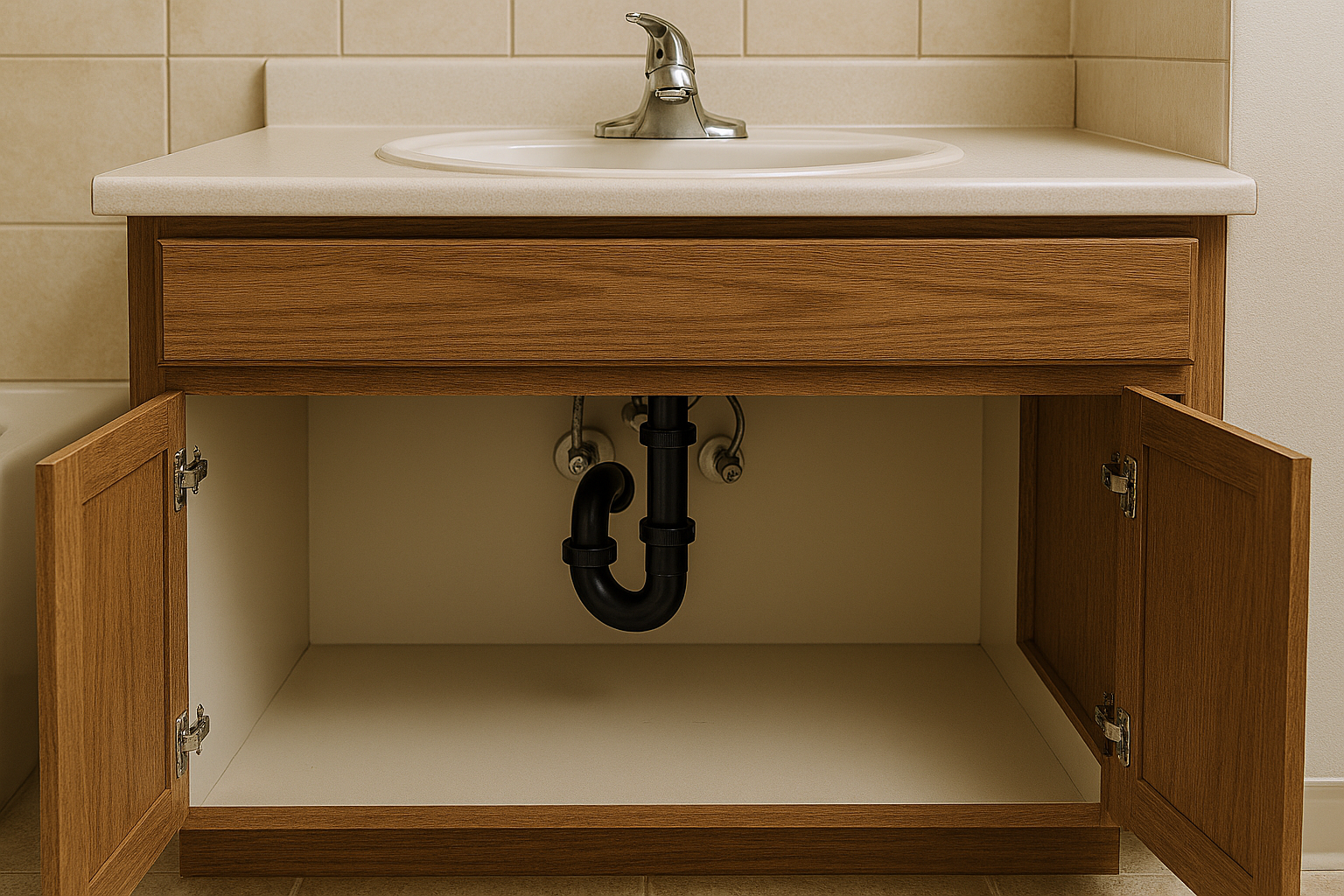 A cabinet open to show plumbing